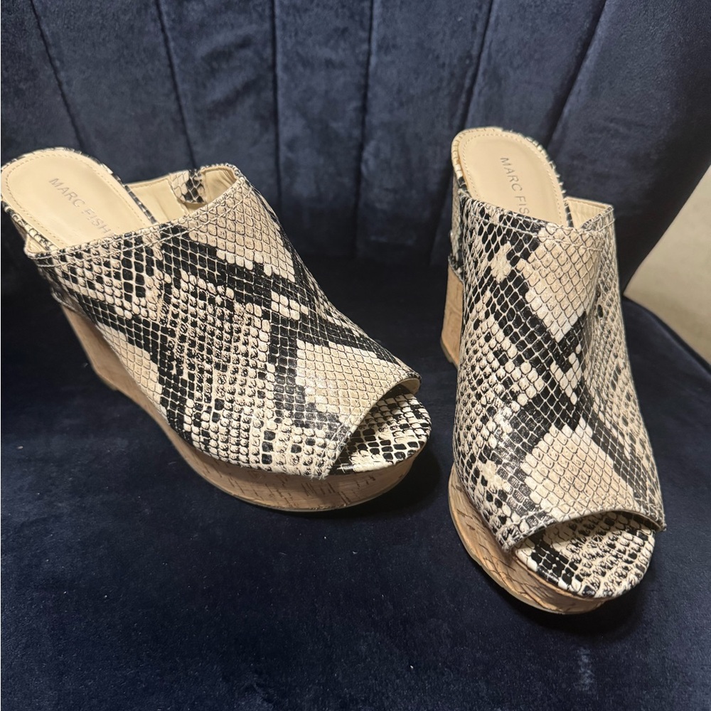 Marc Fisher Snake Print Wedge Sandals - Black and Tan